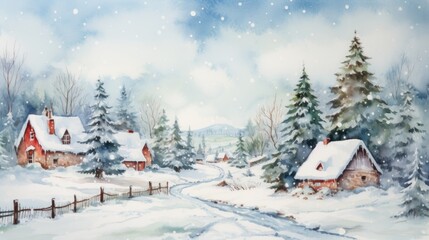 watercolor christmas village in snow, christmas postcard illustration