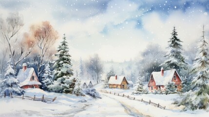 Naklejka premium watercolor christmas village in snow, christmas postcard illustration
