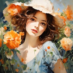 Portrait of a woman, face close-up among wildflowers. A beautiful young girl in a painting in the impressionistic style. Floral composition, design for cards. Concept: tenderness and femininity
