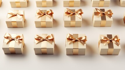  a group of gold wrapped presents with bows on them, all of which are tied with a ribbon.  generative ai