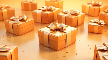  a group of yellow wrapped presents with gold ribbons and bows.  generative ai