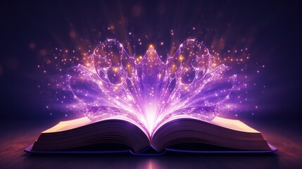  an open book with a purple light coming out of it.  generative ai