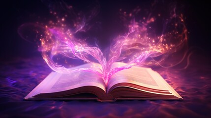  an open book with a purple light coming out of it.  generative ai