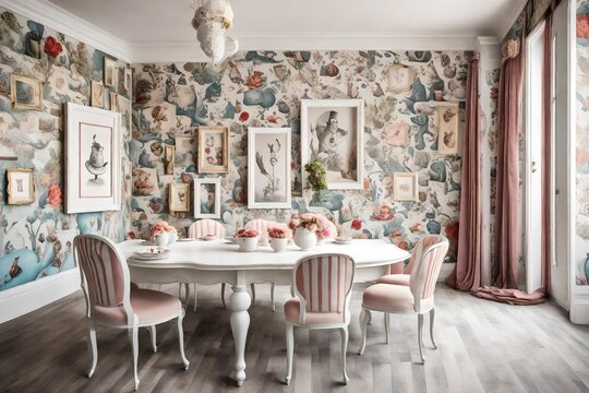 A surreal Alice in Wonderland-themed dining area with a white frame on a whimsical wallpaper wall.