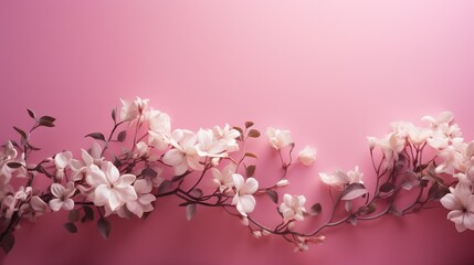  a pink background with white flowers and leaves on the branches.  generative ai
