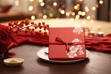 beautiful asian style gift box with ribbon on table. AI Generated - obrazy, fototapety, plakaty