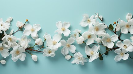  a bunch of white flowers on a light blue background with space for text.  generative ai