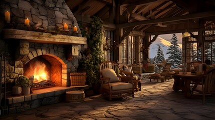Fototapeta na wymiar 3D rendering of a cozy country house with a fireplace in the evening