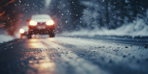 Car on the road during a heavy snowfall. Blurred background.
