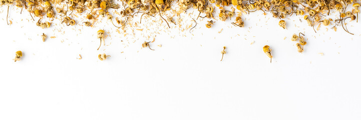 Camomile flowers on white background. Dried herbal tea