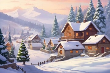 Winter Christmas Landscape with Village Houses Covered with Snow and Tree , Generative Ai