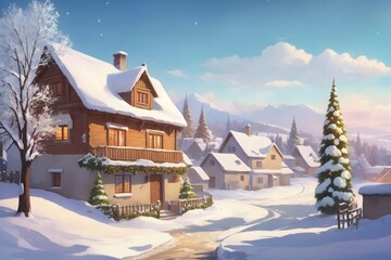 Fototapeta premium Winter Christmas Landscape with Village Houses Covered with Snow and Tree , Generative Ai