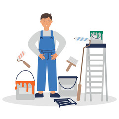 A painter surrounded by his equipment. The set includes a painter, a roller, a brush, a ladder, and cans of paint. Vector illustration on a white background.