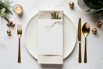 Christmas, new year, wedding, birthday or any celebration table place setting. Menu copy space background. Restaurant menu concept.
