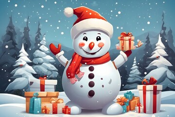 Cheerful Snowman with Santa Hat Background , Generative Ai