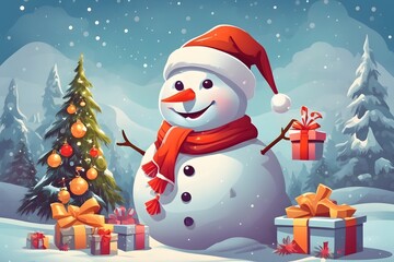 Cheerful Snowman with Santa Hat Background , Generative Ai