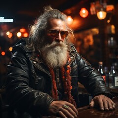 Obraz premium Elderly male rocker in a bar. A grandfather with a white beard and a leather jacket plays the guitar and drinks whiskey. Hardcore old man. Festive neon decor on background.