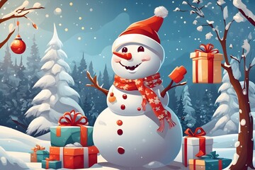 Cheerful Snowman with Santa Hat Background , Generative Ai