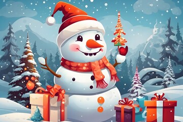 Cheerful Snowman with Santa Hat Background , Generative Ai