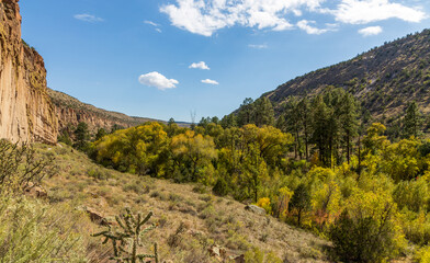 Bandelier National Monument near Los Alamos, New Mexico. The monument preserves the homes and territory of the Ancestral Puebloans of a later era in the Southwest