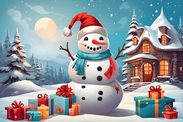 Cheerful Snowman with Santa Hat Background , Generative Ai