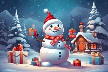 Cheerful Snowman with Santa Hat Background , Generative Ai
