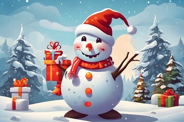 Cheerful Snowman with Santa Hat Background , Generative Ai