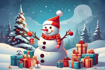 Cheerful Snowman with Santa Hat Background , Generative Ai