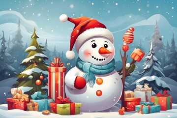 Cheerful Snowman with Santa Hat Background , Generative Ai