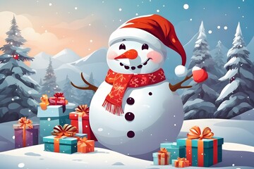 Cheerful Snowman with Santa Hat Background , Generative Ai