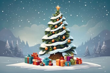 Christmas Gift Tree with Snow Background, Generative Ai