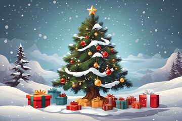Christmas Gift Tree with Snow Background, Generative Ai