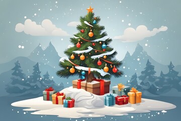 Christmas Gift Tree with Snow Background, Generative Ai