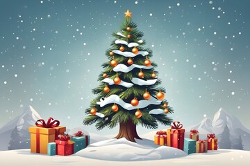 Christmas Gift Tree with Snow Background, Generative Ai