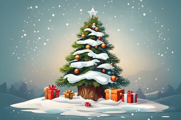 Christmas Gift Tree with Snow Background, Generative Ai