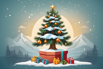 Christmas Gift Tree with Snow Background, Generative Ai
