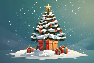 Christmas Gift Tree with Snow Background, Generative Ai