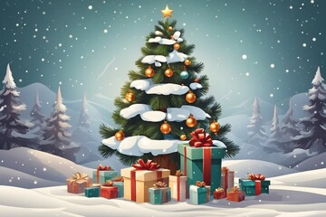 Christmas Gift Tree with Snow Background, Generative Ai