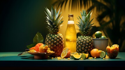 Composition of fresh tropical fruits on green background, panoramic shot