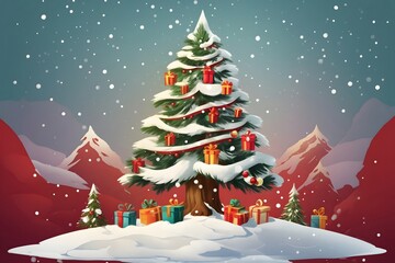 Christmas Gift Tree with Snow Background, Generative Ai