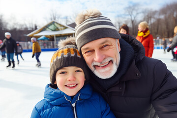 Happy grandfather and grandson having fun and skating on outdoor skating rink