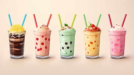  a row of different colored drinks with straws and toppings.  generative ai