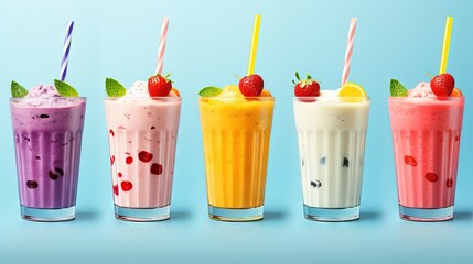  a row of colorful smoothies with strawberries and limes.  generative ai