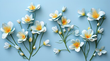  a bunch of white flowers on a blue background with a yellow center.  generative ai