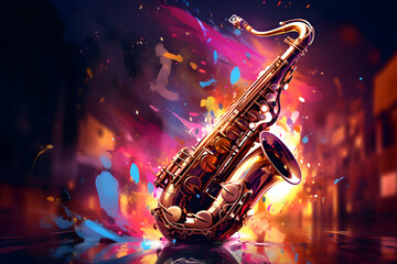 Fototapeta na wymiar Saxophon-Groove: Klangexplosion auf einem lebendigen, bunten Hintergrund
