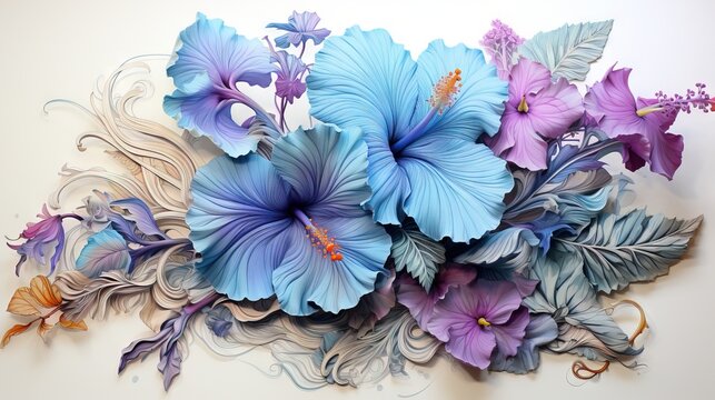  a bunch of blue and purple flowers on a white surface.  generative ai