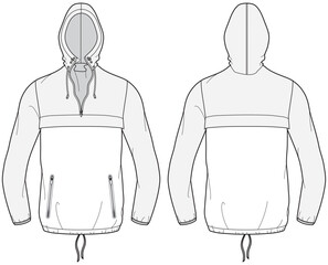 Lightweight cagoule Hoodie jacket design flat sketch Illustration, popover Hooded jacket with front and back view, Anorak winter jacket for Men and women. for hiker, outerwear and workout in winter © Fathima Flats