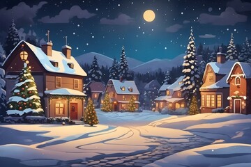 In a Small Village on a Winter Night Background, Generative Ai