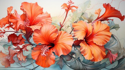  a painting of orange flowers on a white background with green leaves.  generative ai
