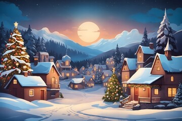 In a Small Village on a Winter Night Background, Generative Ai